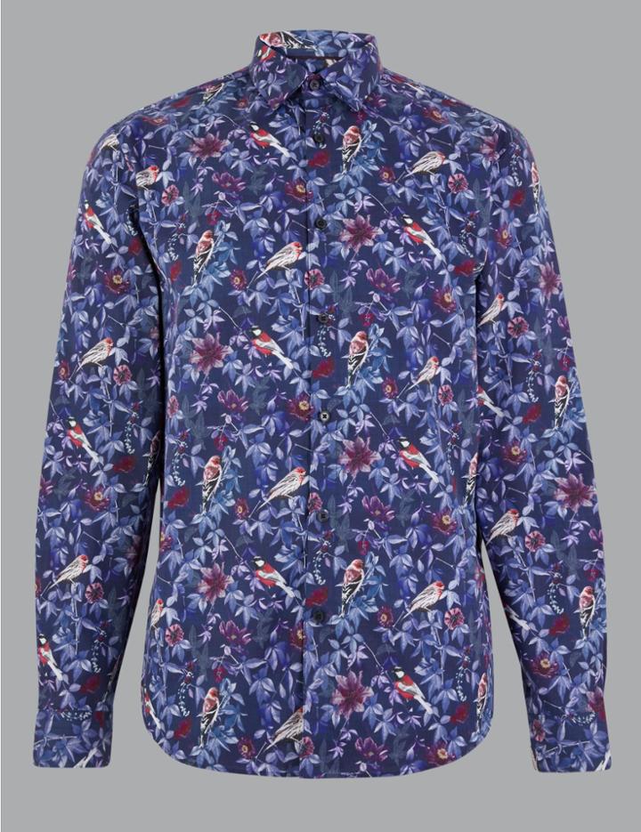 Marks & Spencer Cotton Bird Print Shirt Navy Mix