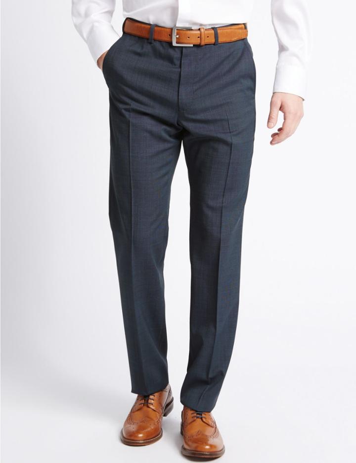 Marks & Spencer Tailored Fit Wool Blend Flat Front Trousers Navy Mix