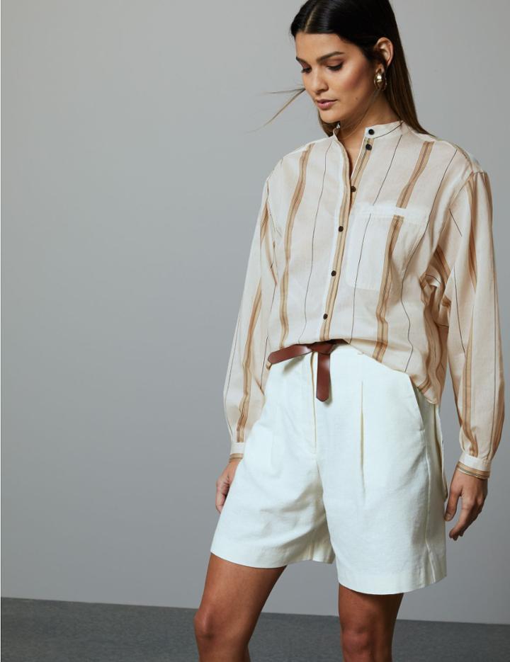 Marks & Spencer Striped Long Sleeve Shirt With Linen Sand Mix