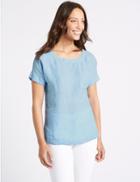 Marks & Spencer Pure Linen Round Neck Short Sleeve Blouse Chambray