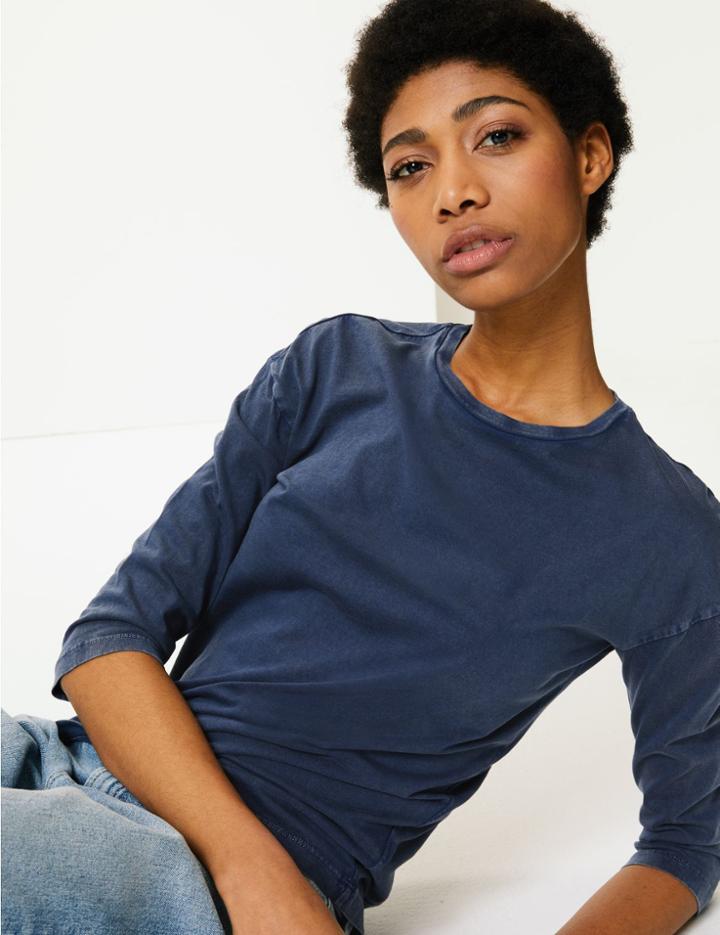 Marks & Spencer Pure Cotton 3/4 Sleeve T-shirt Navy
