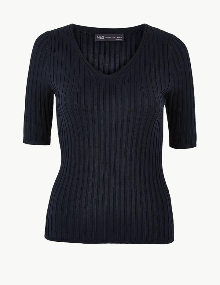 Marks & Spencer Ribbed V-neck Short Sleeve Knitted Top Navy