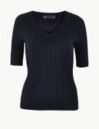 Marks & Spencer Ribbed V-neck Short Sleeve Knitted Top Navy