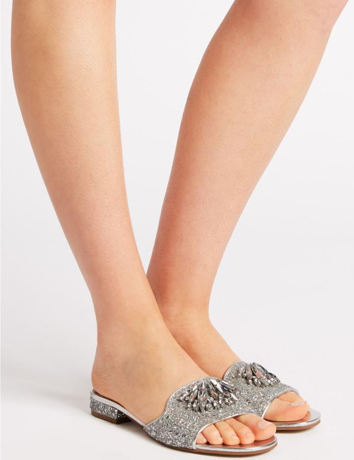 Marks & Spencer Block Heel Jewel Sparkle Mule Sandals Silver
