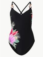 Marks & Spencer Floral Print Padded Plunge Swimsuit Black Mix