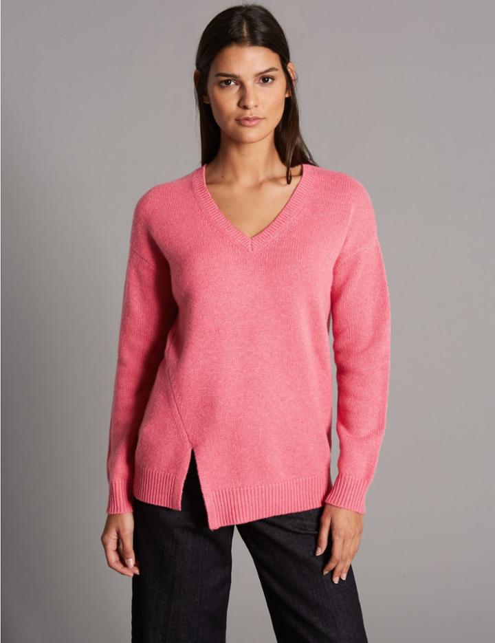 Marks & Spencer Pure Cashmere Stepped Hem V-neck Jumper Medium Pink