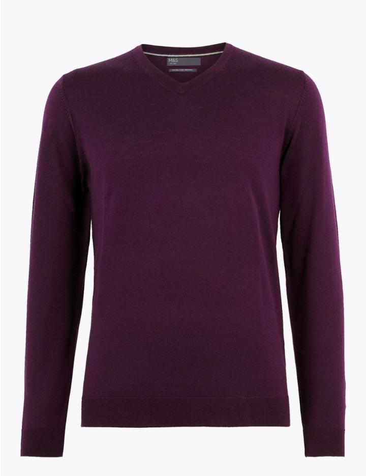 Marks & Spencer Pure Merino Wool V-neck Jumper Plum