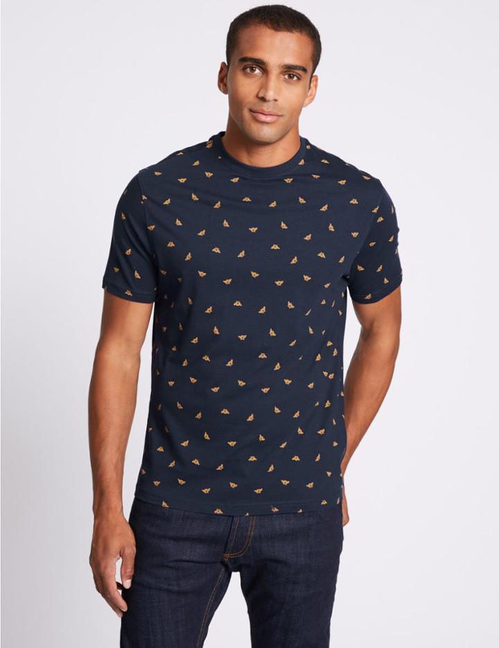 Marks & Spencer Slim Fit Pure Cotton Bee Print T-shirt Navy Mix