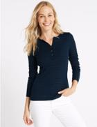 Marks & Spencer Cotton Blend Sparkle Striped Long Sleeve Top Navy Mix