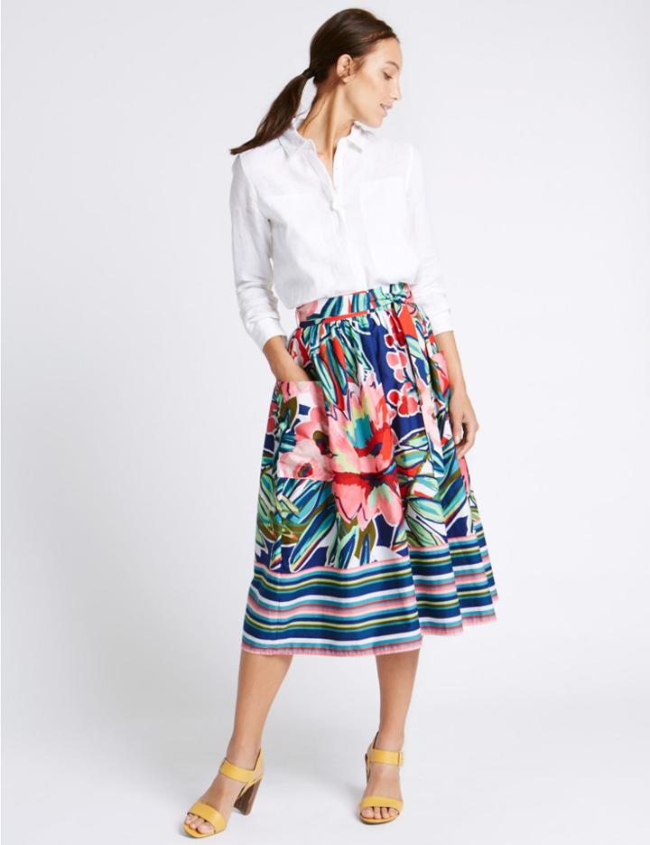 Marks & Spencer Pure Cotton Poplin Print A-line Midi Skirt Pink Mix