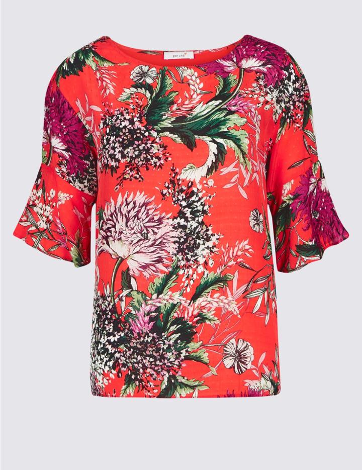 Marks & Spencer Floral Print Round Neck Long Sleeve Top Red Mix