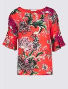 Marks & Spencer Floral Print Round Neck Long Sleeve Top Red Mix