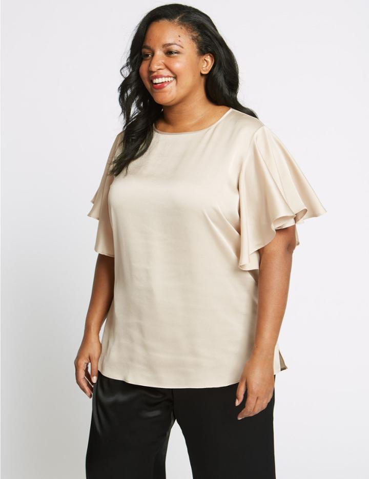 Marks & Spencer Curve Round Neck Ruffle Sleeve Satin Blouse Camel
