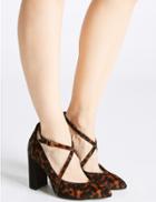 Marks & Spencer Leather Block Heel Cross Strap Court Shoes Brown Mix