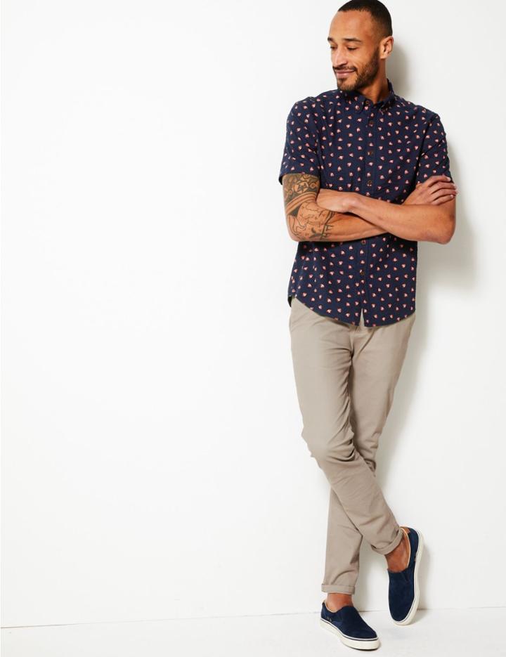 Marks & Spencer Pure Cotton Seersucker Shell Print Shirt Indigo