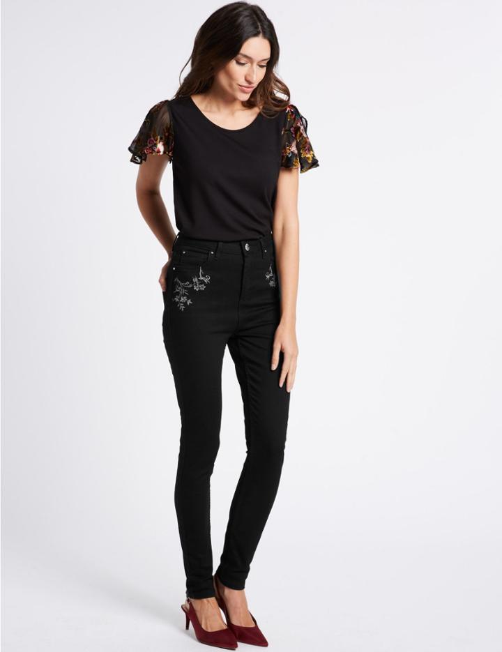 Marks & Spencer Embroidered Roma Rise Skinny Leg Jeans Black