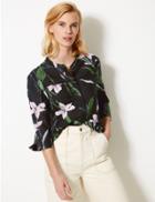 Marks & Spencer Floral Print Round Neck 3/4 Sleeve Blouse Black Mix
