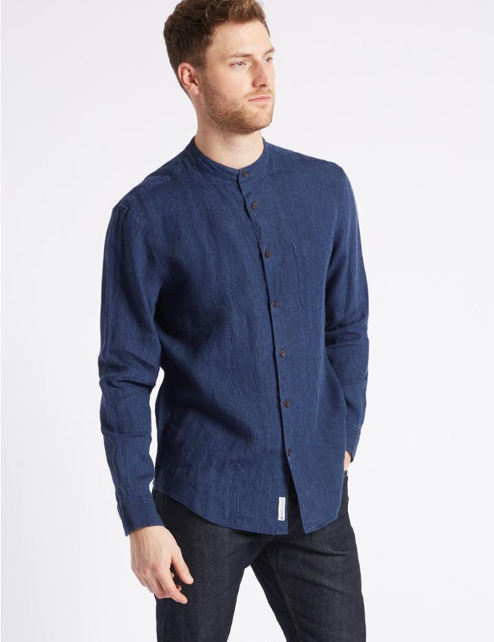 Marks & Spencer Pure Linen Striped Shirt With Pocket Dark Indigo