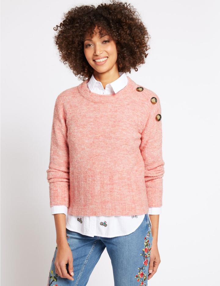 Marks & Spencer Button Shoulder Round Neck Jumper Light Raspberry