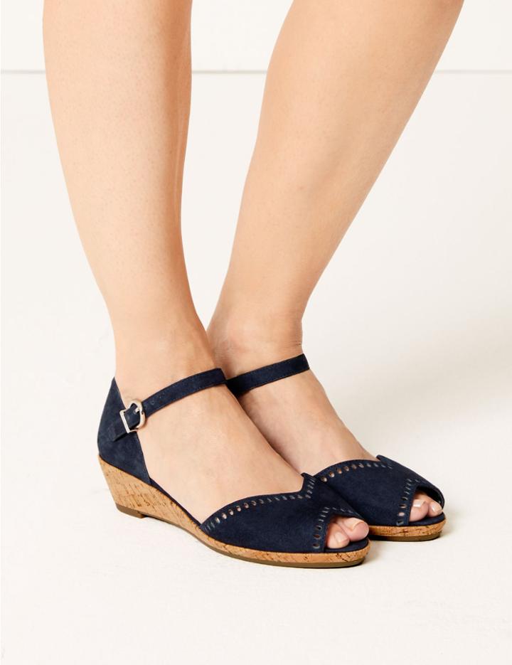 Marks & Spencer Suede Wedge Heel Ankle Strap Sandals Navy