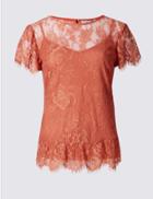 Marks & Spencer Lace Round Neck Ruffle Sleeve T-shirt Ivory