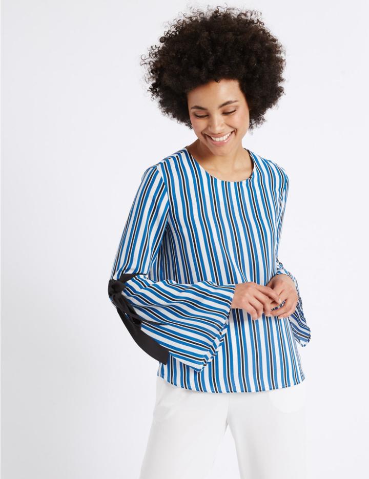 Marks & Spencer Striped Round Neck Tie Sleeve Blouse Navy Mix