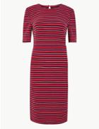 Marks & Spencer Cotton Striped Midi Shift Dress Red Mix