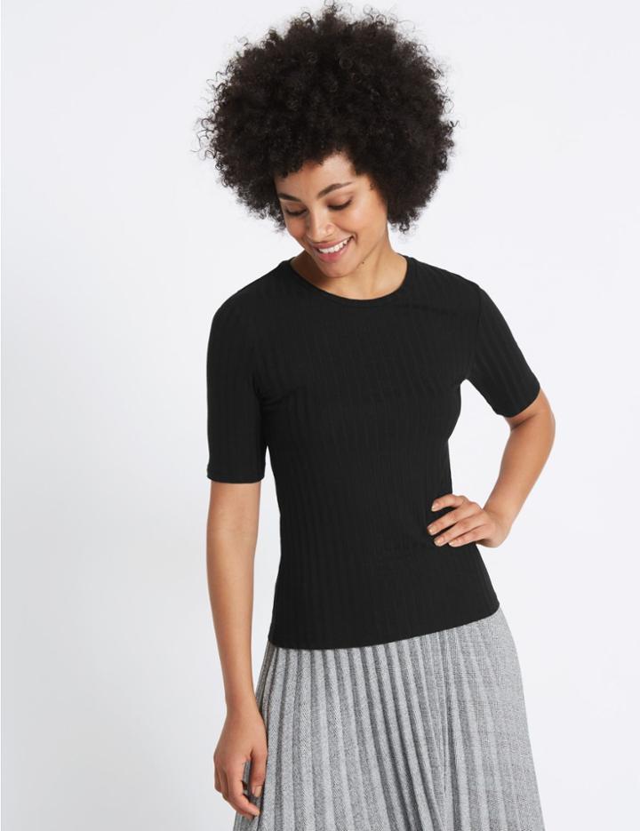 Marks & Spencer Ribbed Round Neck Half Sleeve T-shirt Black