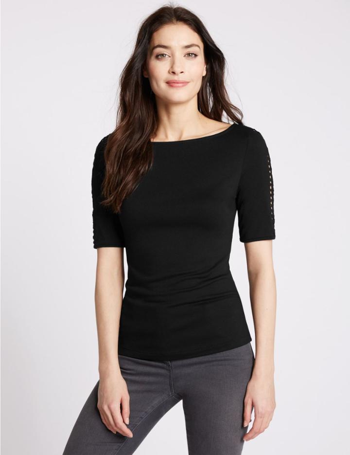 Marks & Spencer Lattice Trim Half Sleeve Jersey Top Black