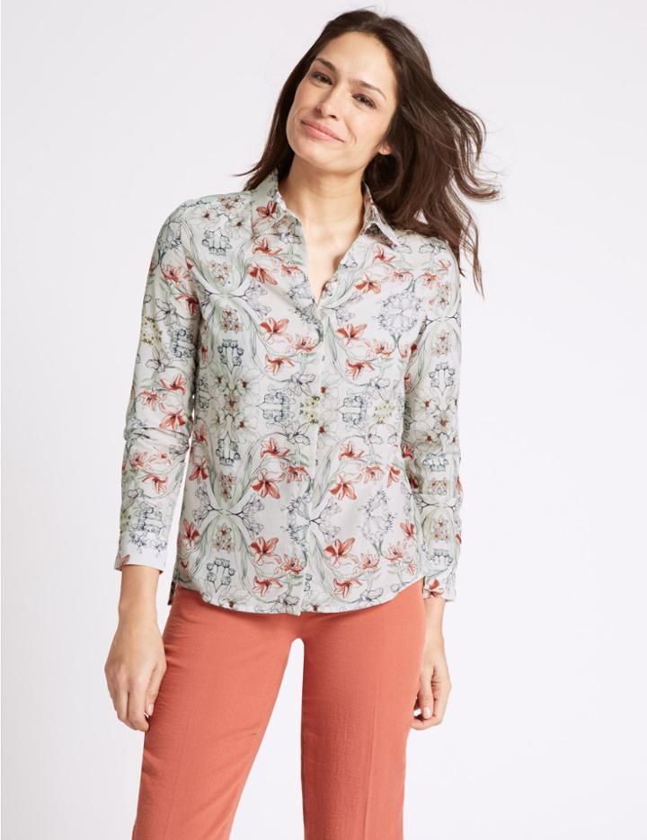 Marks & Spencer Cotton Silk Floral Print Long Sleeve Shirt Pink