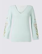 Marks & Spencer Pure Cotton Embroidered Flare Sleeve Jumper Mint