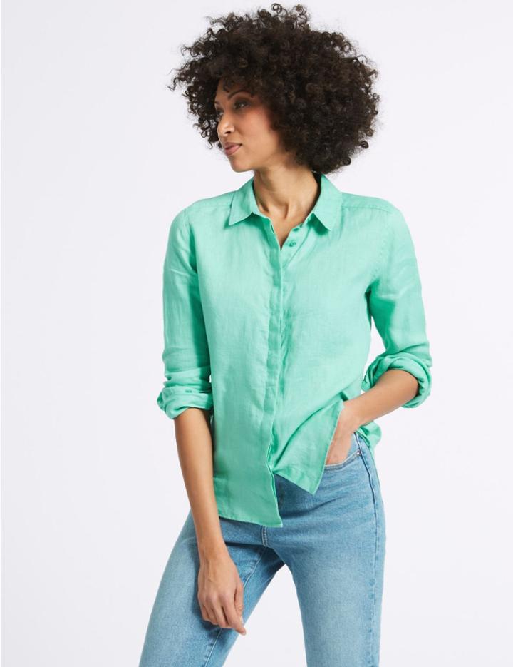 Marks & Spencer Pure Linen Long Sleeve Shirt Medium Aqua