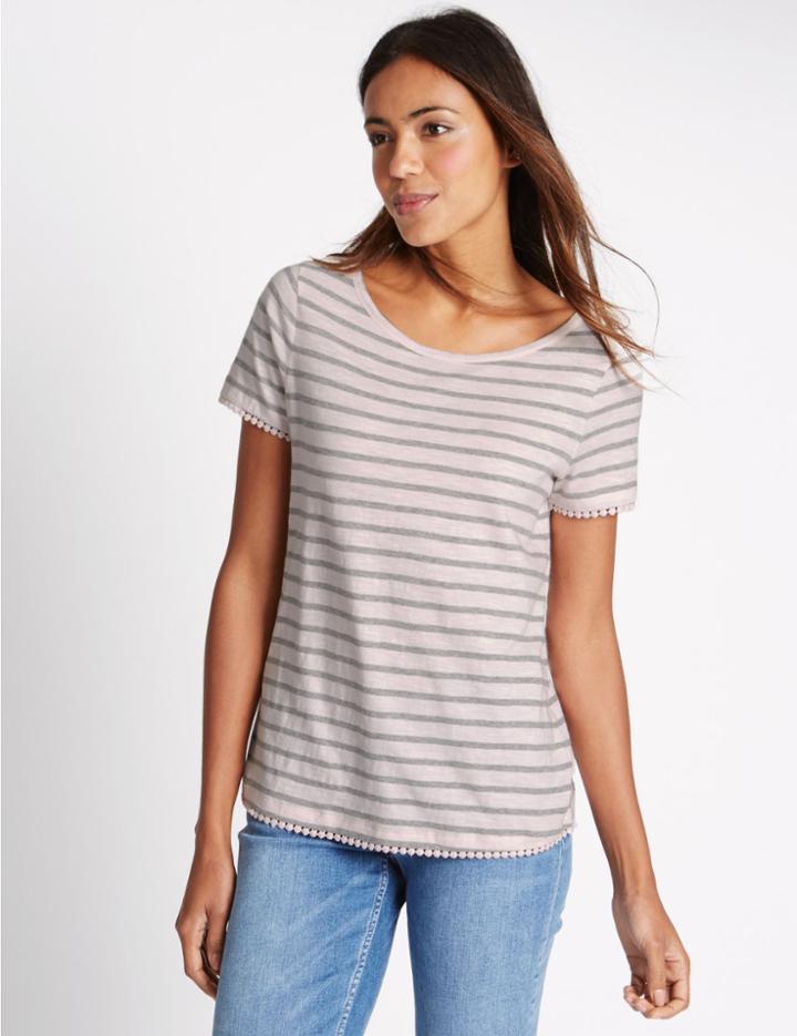Marks & Spencer Pure Cotton Striped Short Sleeve T-shirt Pink Mix