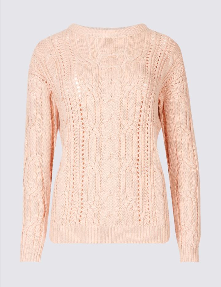 Marks & Spencer Cotton Blend Cable Knit Button Sleeve Jumper Blush