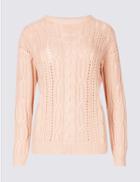 Marks & Spencer Cotton Blend Cable Knit Button Sleeve Jumper Blush