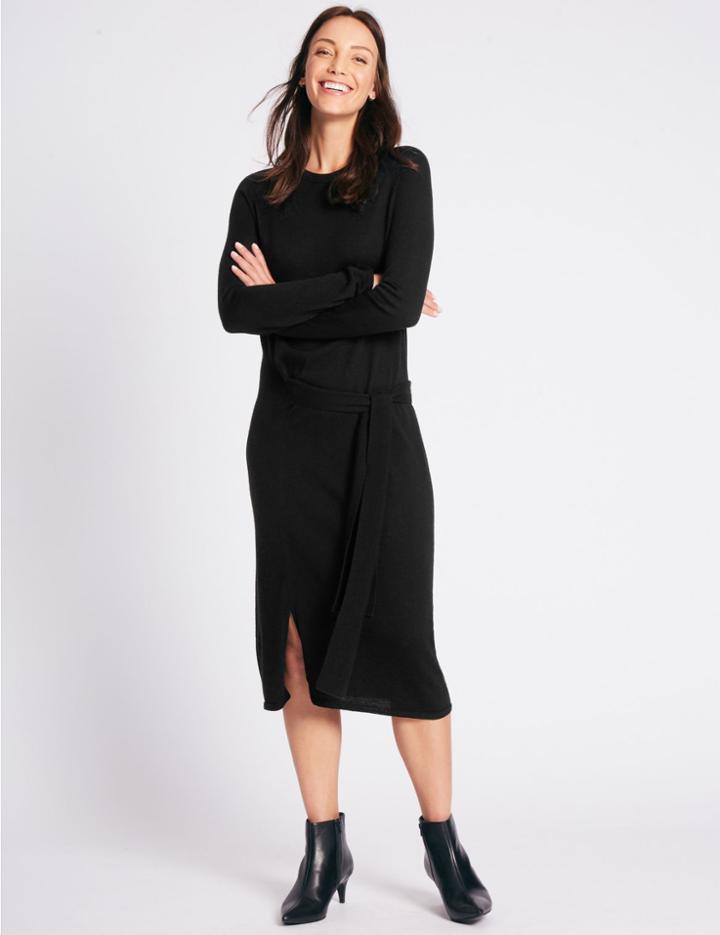 Marks & Spencer Pure Wool Tie Side Jumper Dress Black