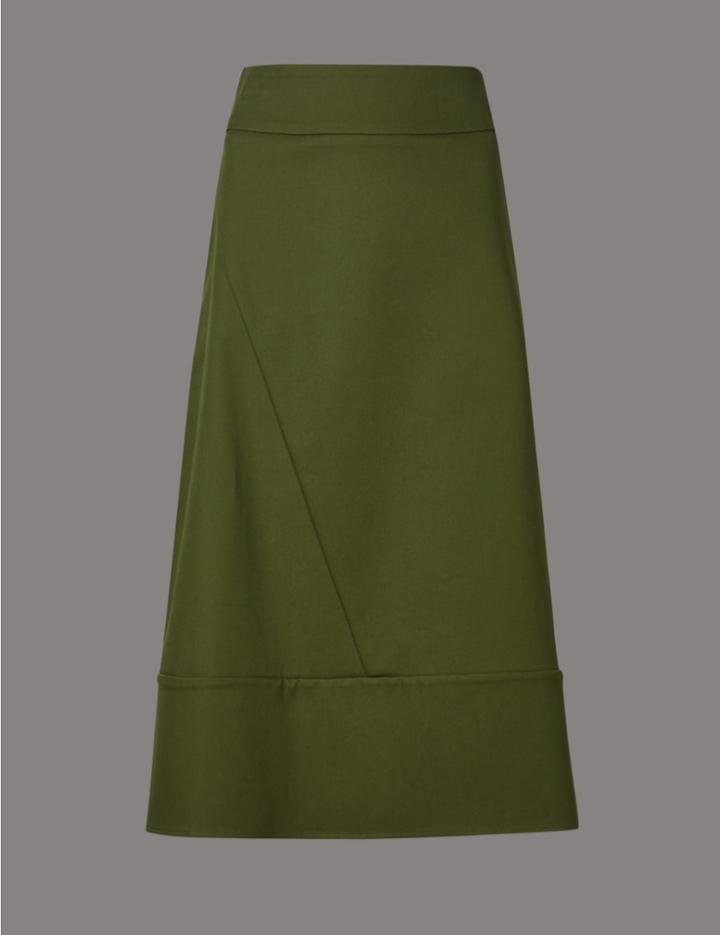 Marks & Spencer Cotton Rich A-line Midi Skirt Medium Khaki