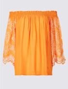Marks & Spencer Embroidered 3/4 Sleeve Bardot Top Orange
