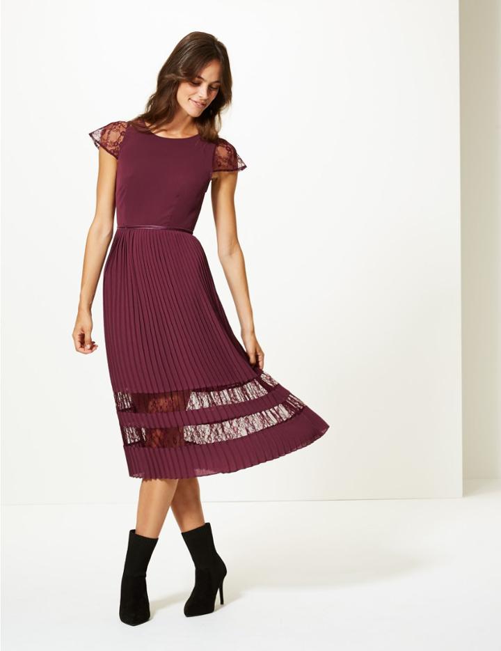 Marks & Spencer Lace Short Sleeve Skater Midi Dress Burgundy