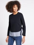 Marks & Spencer Cotton Rich Tie Side Long Sleeve T-shirt Navy Mix