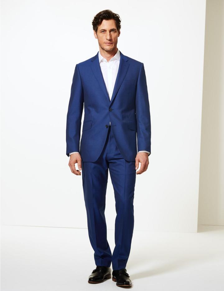 Marks & Spencer Blue Tailored Fit Wool Trousers Bright Blue