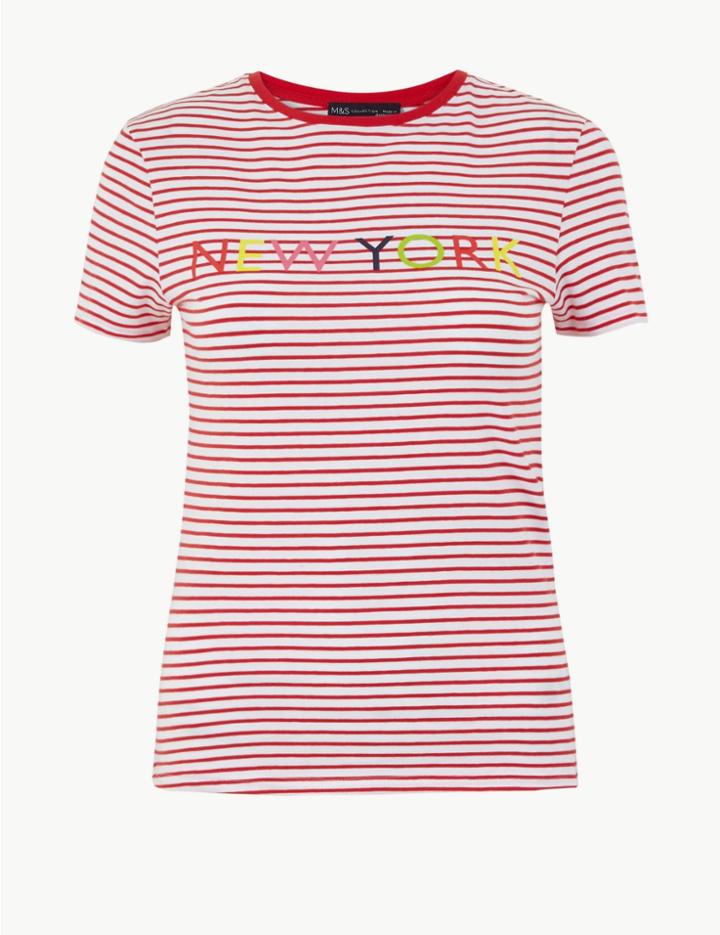 Marks & Spencer Cotton Rich Striped Fitted T-shirt White Mix