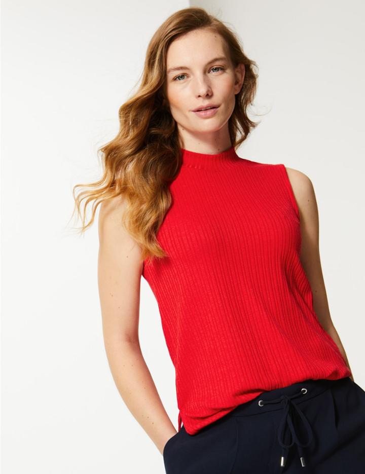 Marks & Spencer Ribbed Funnel Neck Longline Tank Top Red