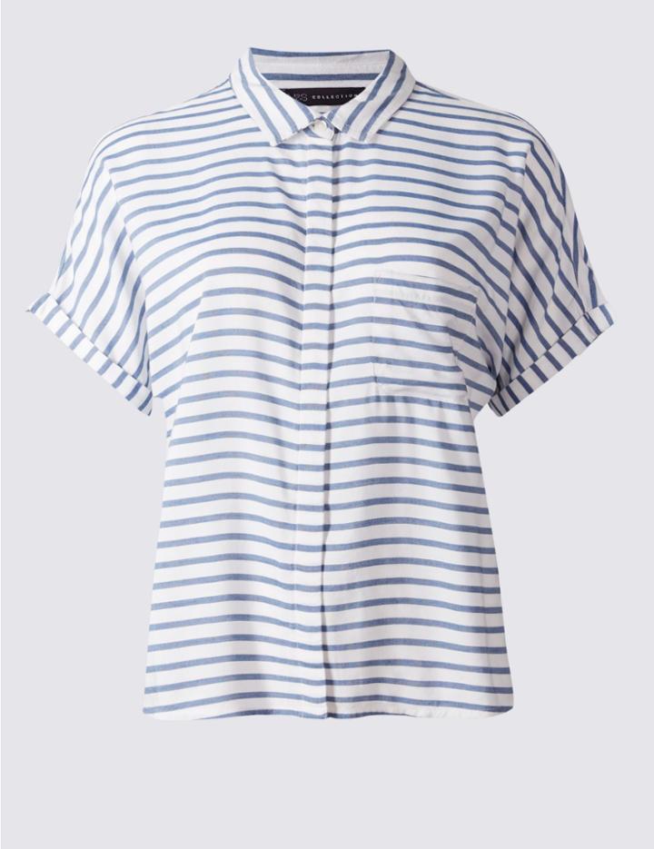Marks & Spencer Petite Striped Short Sleeve Shirt Blue Mix