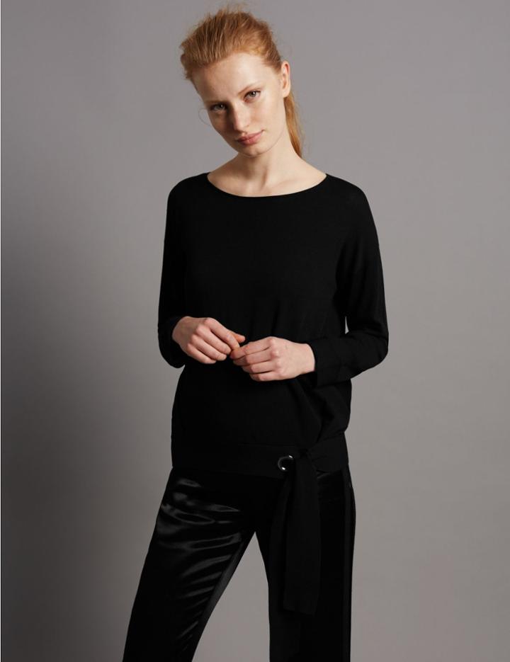 Marks & Spencer Cotton Blend Eyelet Tie Long Sleeve Jumper Black