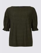 Marks & Spencer Gingham Ruched Sleeve Top Khaki Mix