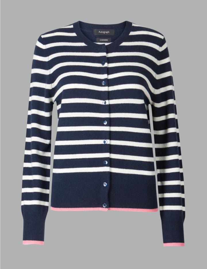 Marks & Spencer Pure Cashmere Striped Round Neck Cardigan Navy Mix