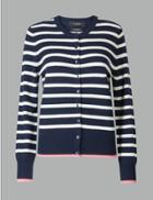 Marks & Spencer Pure Cashmere Striped Round Neck Cardigan Navy Mix
