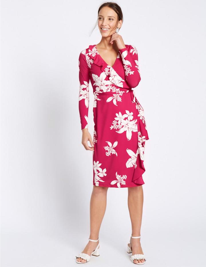 Marks & Spencer Floral Print Wrap Tie Front Shift Dress Pink Mix