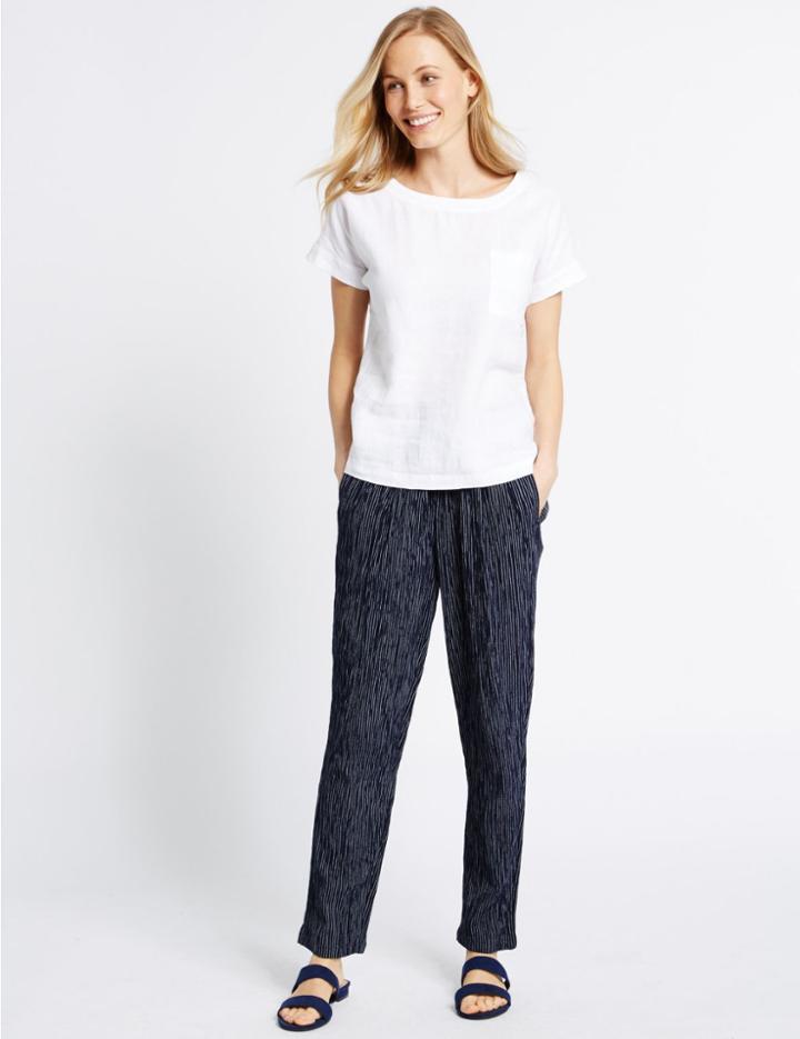 Marks & Spencer Cotton Blend Striped Tapered Leg Trousers Navy Stripe